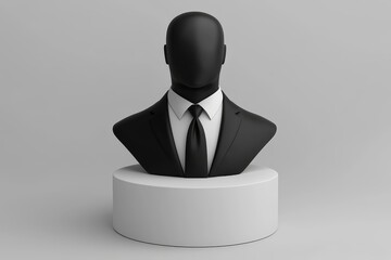 Poster - A black mannequin bust dressed in a suit and tie set against a white background representing the timeless sophistication and classic style of formal menswear