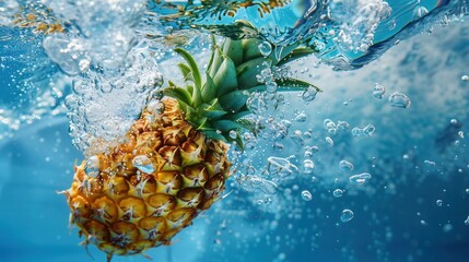 Fresh pineapple closeup view with water splashes