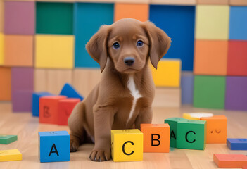 Cute brown puppy sitting among colorful toy blocks