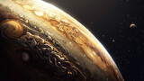 Fototapeta Londyn - Jupiter in outer space closeup, texture of gas clouds with atmospheric turbulence, planet on dark starry background. Concept of Solar System, cosmos, pattern, science