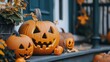 © Anastasiia K. - Halloween mood - Decorated pumpkins on the porch. Halloween decorations, copyspace