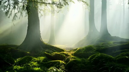 Wall Mural - Mystical Forest with Sun Rays Breaking Through Trees