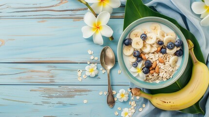 Fresh sliced banana fruit with milk breakfast closeup view