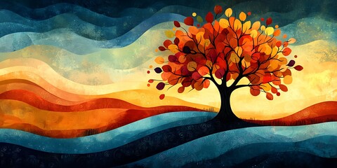 a stylized tree with geometric foliage against a vibrant sunset backdrop.