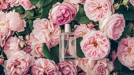 Wall Mural - Perfume bottle in flowers, fragrance on blooming background, floral scent and cosmetic product idea