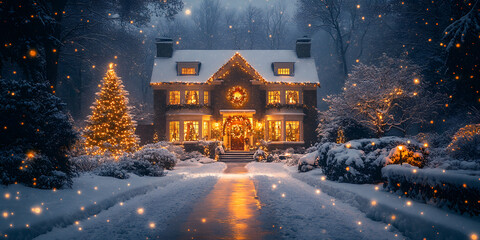 Wall Mural - Cozy Winter Night Scene of a Decorated Christmas House