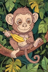 Wall Mural - Cute monkey eating banana fruit in forest