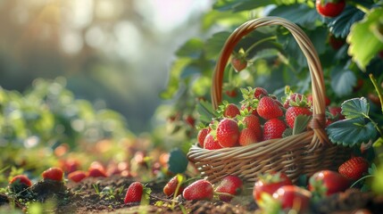 Basket of fresh strawberry fruit in plantation farm field