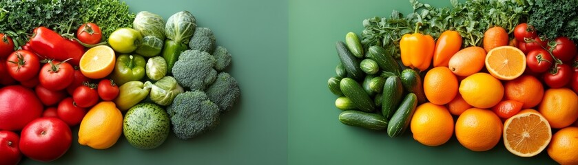 Fresh Fruits and Vegetables Display with Green Clean Space for Text on Side Composition