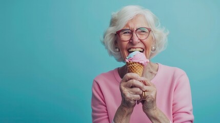 Wall Mural - A senior female holding an ice cream and eating over plain background.