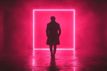 Sticker - Silhouette of a man standing in a neon pink square frame