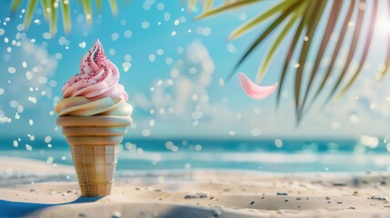 Wall Mural - Closeup view of tasty cone ice cream on sandy beach with palm tree leaf and sea.