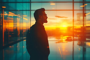 Wall Mural - Man watching sunset over city reflecting on corporate success and future aspirations