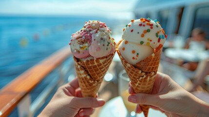 Wall Mural - Hand holding a tasty ice cream on deck of a luxury yacht in sea