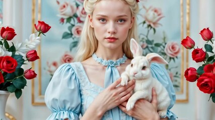 Wall Mural - Portrait of a beautiful and noble girl Alice with a white rabbit