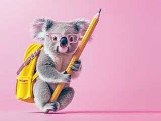 Cute koala with a school backpack hanging to a giant pencil. Back to school conceptual background