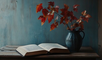 an open book and a vase of autumn foliage on the table