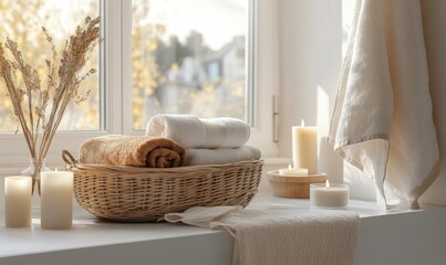 Poster - A bathroom with white walls, a basket of autumn-colored towels and candles on the window sill