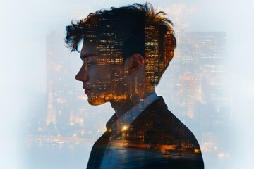 Wall Mural - Young mans profile overlaid with a cityscape illustrating the blend of personal and urban life