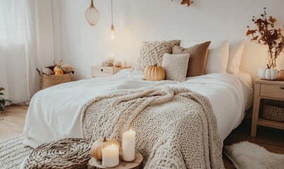 Minimalist Scandinavian bedroom with a white bedspread, wooden accents, and autumn-themed throw pillows and blankets