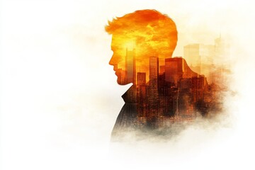 Wall Mural - Fiery silhouette of a man overlaid with urban skyline at sunset