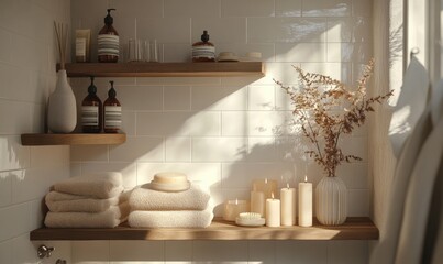 Wall Mural - Scandinavian bathroom with autumn-colored towels and candles on the shelf