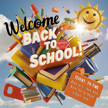A poster for the welcome back to school, 3d render, photo, poster