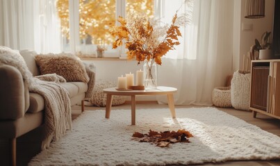 Wall Mural - Scandinavian living room with a white rug, wooden furniture, autumn leaves in a vase and candles on the coffee table