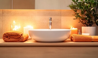 Simple bathroom with a white sink, wooden cabinet, autumn-colored towels, and candles on the counter