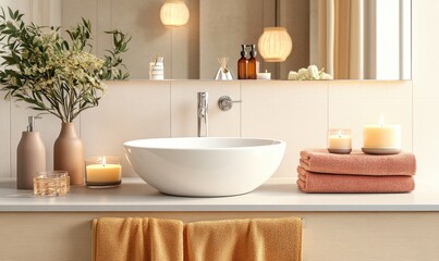 Wall Mural - Simple bathroom with a white sink, wooden cabinet, autumn-colored towels, and candles on the counter