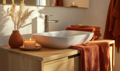 Wall Mural - Simple bathroom with a white sink, wooden cabinet, autumn-colored towels, and candles on the counter