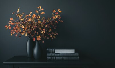 Wall Mural - Sleek black table with a couple of books and a vase filled with autumn foliage