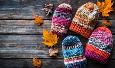 Wall Mural - Vibrant knitted hats on a rustic wooden background