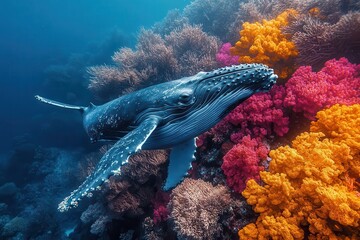 Wall Mural - ethereal underwater ballet graceful diver explores vibrant coral reef majestic humpback whale glides through shimmering aquamarine depths