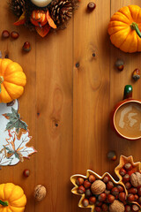 Wall Mural - Autumn composition. Flat lay pumpkins, coffee cup, candle, nuts, acorns on wooden plank background. Autumn, Fall, Thanksgiving concept.