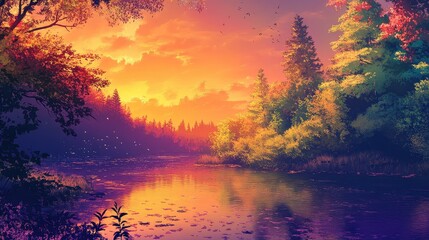 Wall Mural - sunset over the river