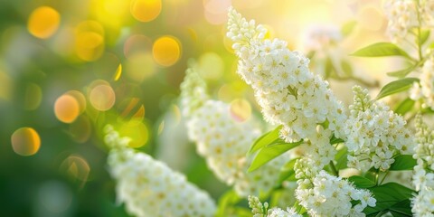 Poster - Spirea bush in full bloom in a spring garden Ornamental flowering plants for landscaping Soft focus with space for text