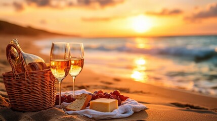 Romantic beach picnic for two, featuring a basket with wine, cheese, and fresh bread, set against a sunset by the ocean.