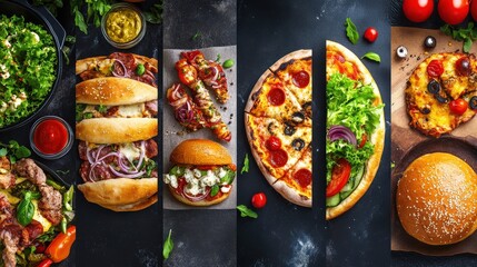 Vibrant food flyer with colorful images of delicious dishes, including pizza, burgers, and salads, with text placeholders for event details.