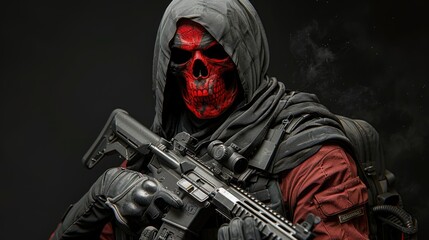 A dark and sinister skeletal warrior in a black hood and uniform, holding a rifle, with a red skull that seems to glow with otherworldly energy.