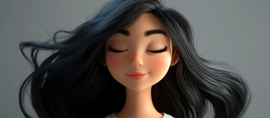 Stylish 3D cartoon girl with flowing black hair