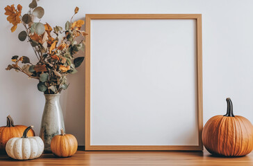 Wooden mock up poster frame with decorations of pumpkins and fall leaves