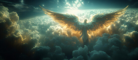 Wall Mural - Angel mythology, abstract oil painting of a beautiful, mighty flying angel spreading arms and wings. Dramatic mythology vibe background, clouds and sunrays, representing good and evil.