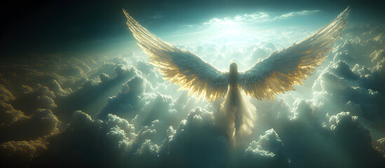Wall Mural - Angel mythology, abstract oil painting of a beautiful, mighty flying angel spreading arms and wings. Dramatic mythology vibe background, clouds and sunrays, representing good and evil.