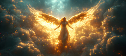 Wall Mural - Angel mythology, abstract oil painting of a beautiful, mighty flying angel spreading arms and wings. Dramatic mythology vibe background, clouds and sunrays, representing good and evil.