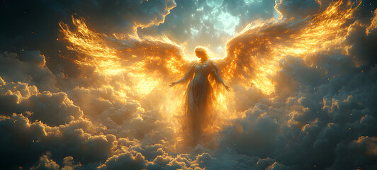 Wall Mural - Angel mythology, abstract oil painting of a beautiful, mighty flying angel spreading arms and wings. Dramatic mythology vibe background, clouds and sunrays, representing good and evil.