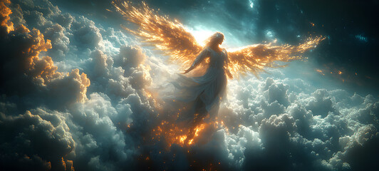 Wall Mural - Angel mythology, abstract oil painting of a beautiful, mighty flying angel spreading arms and wings. Dramatic mythology vibe background, clouds and sunrays, representing good and evil.