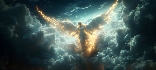 Wall Mural - Angel mythology, abstract oil painting of a beautiful, mighty flying angel spreading arms and wings. Dramatic mythology vibe background, clouds and sunrays, representing good and evil.