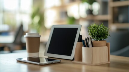 Wall Mural - Minimalist Workspace with Tablet, Coffee, and Plant