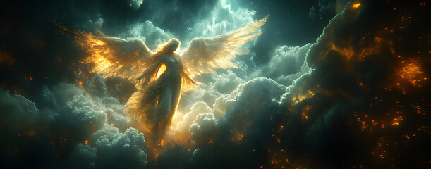 Wall Mural - Angel mythology, abstract oil painting of a beautiful, mighty flying angel spreading arms and wings. Dramatic mythology vibe background, clouds and sunrays, representing good and evil.